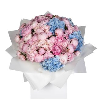 Pink Peonies & Blue Hydrangeas